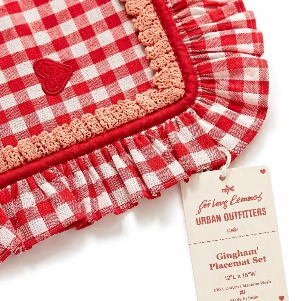 For Love & Lemons UO Gingham Ruffle Placemats Set Red Cottagecore Farmhouse NWT